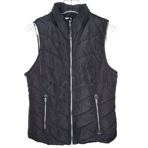 GreenTea ~ Black, Mock Neck Puffer Vest with Faux Fur Lining